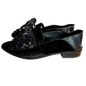 Shellys London Collapse Heel Flat Shoes Black Velvet Size Womens 7.5